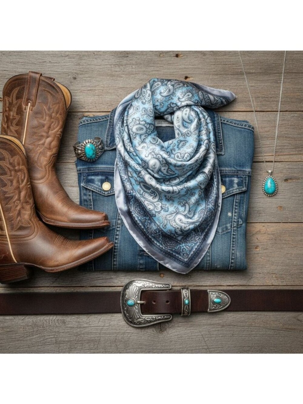 Light Blue Paisley Wild Rag Satin Scarf Western Scarf Cowgirl Neck Scarf Small S - Picture 8 of 12